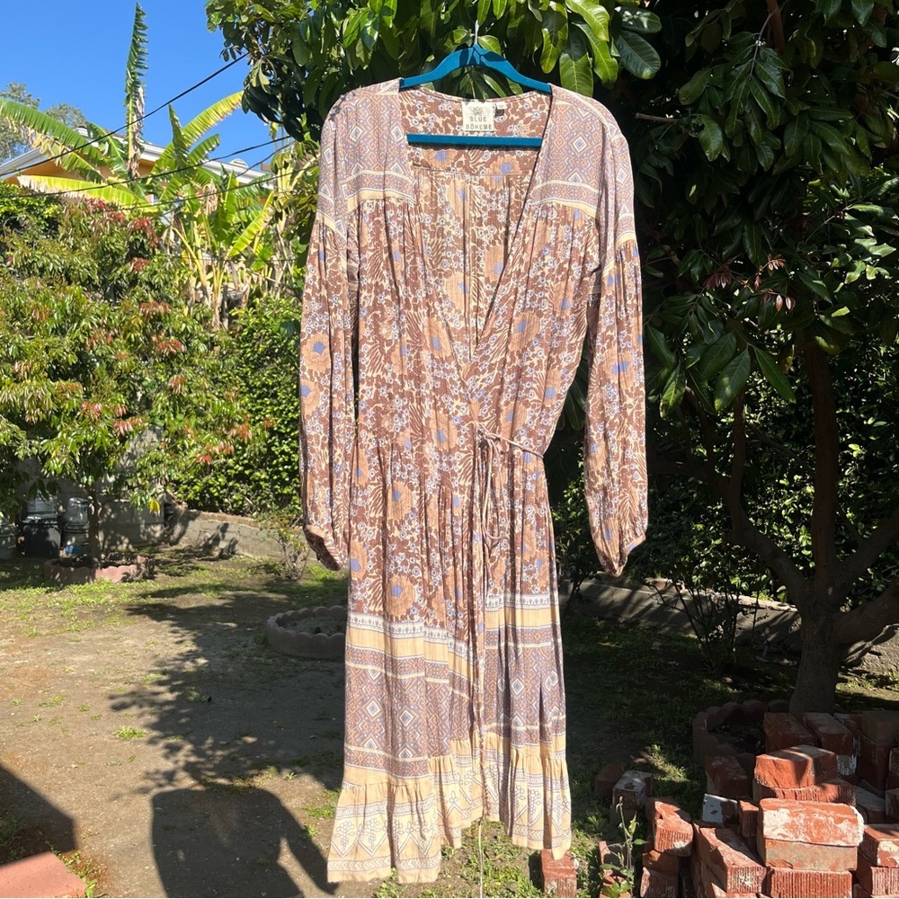 BLUE BOHEME tan brown floral print viscose‎ rayon puff balloon sleeve midi wrap
